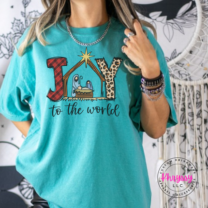 Close up of the Joy To The World art on a Seafoam tee.