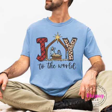 Washed Denim tee showing Joy To The World with a nativity stable.