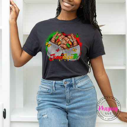 Black Comfort Colors tee with a Juneteenth 1865 raised fists and butterflies design.