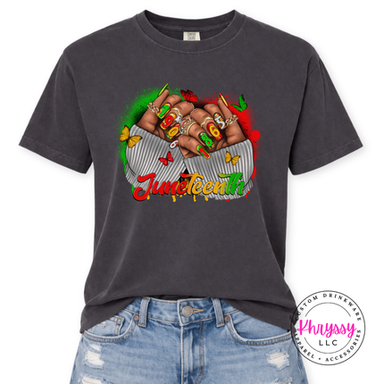 Graphite tee featuring a red gold and green Juneteenth 1865 fists graphic.