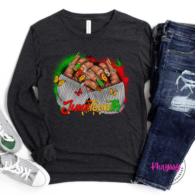 Dark gray heather long sleeve tee featuring a vivid Juneteenth 1865 fists graphic.