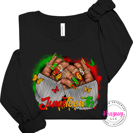 Vintage black long sleeve tee with a red gold green Juneteenth 1865 graphic.
