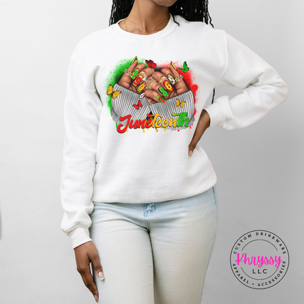 White crewneck sweatshirt with a colorful Juneteenth 1865 raised fists graphic.