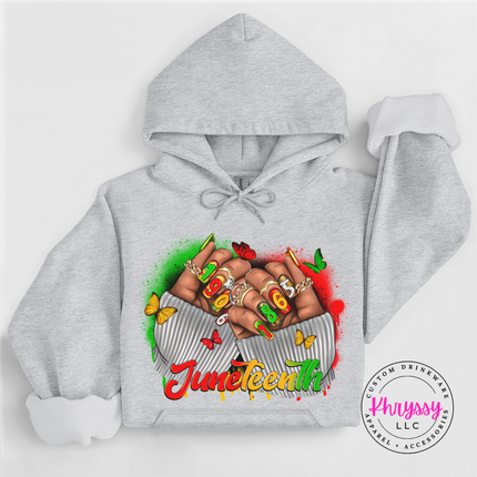 Ash grey hoodie with a Juneteenth 1865 raised fists and butterflies design.
