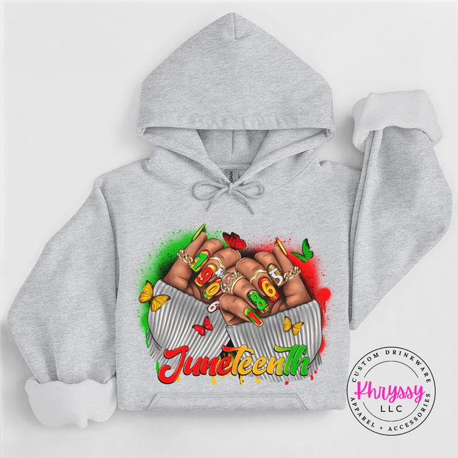 Ash grey hoodie with a Juneteenth 1865 raised fists and butterflies design.