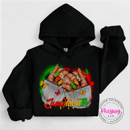 Black hoodie featuring a vivid red gold green Juneteenth 1865 fists graphic.