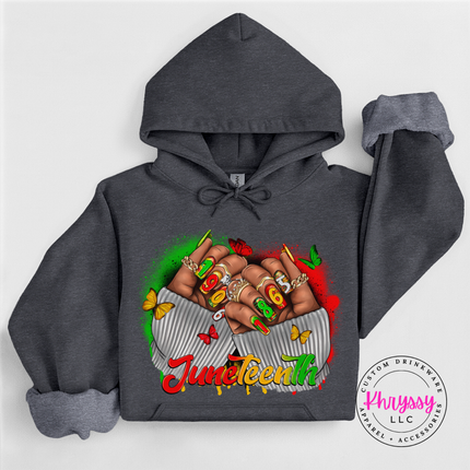 Dark heather hoodie with a colorful Juneteenth 1865 fists design.