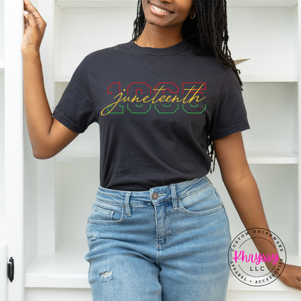 Black Comfort Colors tee with a Juneteenth 1865 varsity number and script design.