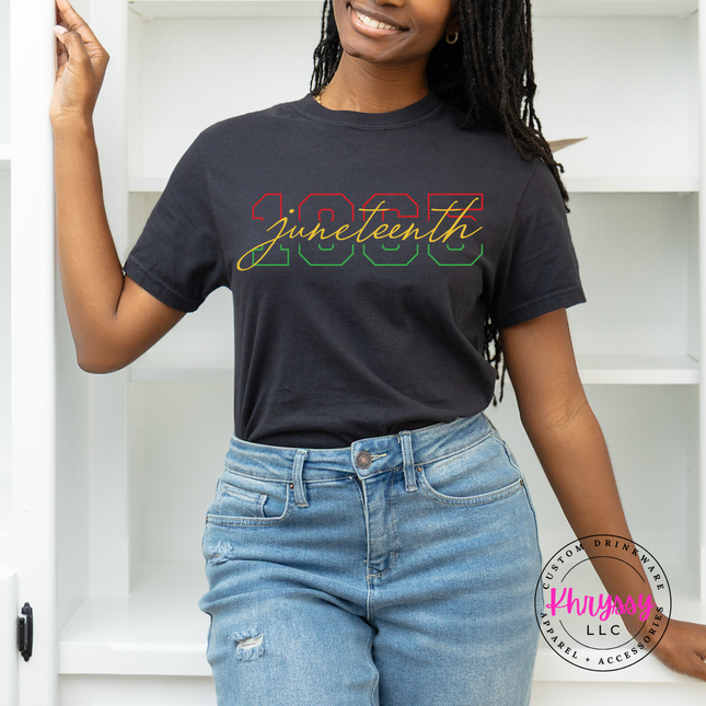 Black Comfort Colors tee with a Juneteenth 1865 varsity number and script design.