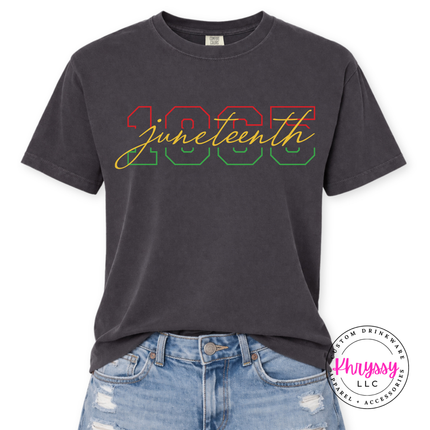 Graphite tee featuring a red gold and green Juneteenth 1865 varsity graphic.