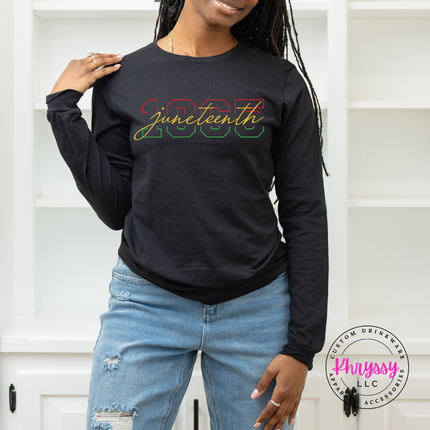 Black long sleeve tee with a Juneteenth 1865 varsity number and script design.