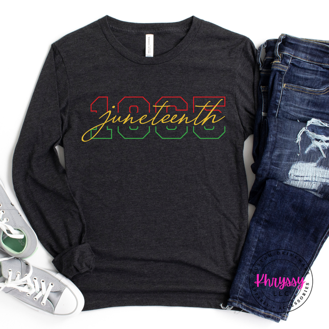 Dark gray heather long sleeve tee featuring a gradient Juneteenth 1865 varsity graphic.