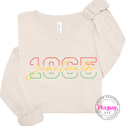 Natural long sleeve tee with a clean Juneteenth 1865 varsity script print.