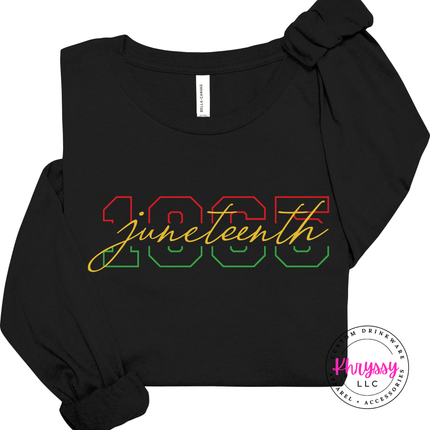 Vintage black long sleeve tee with a red gold green Juneteenth 1865 varsity graphic.