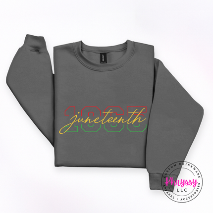 Charcoal crewneck sweatshirt featuring a gradient Juneteenth 1865 varsity graphic.