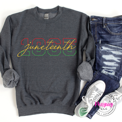 Dark heather crewneck sweatshirt showing a clean Juneteenth 1865 varsity print.