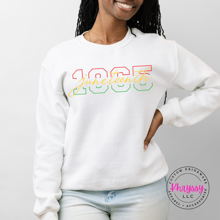 White crewneck sweatshirt with a colorful Juneteenth 1865 varsity script graphic.