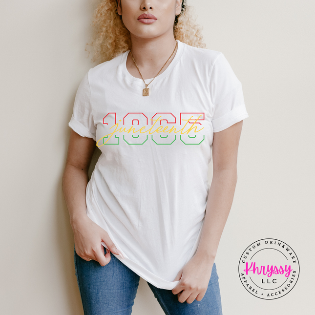 White Comfort Colors tee with a bright Juneteenth 1865 varsity script graphic.