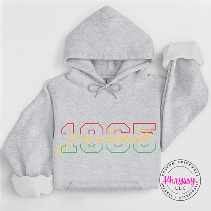 Ash grey hoodie with a Juneteenth 1865 varsity number and script design.