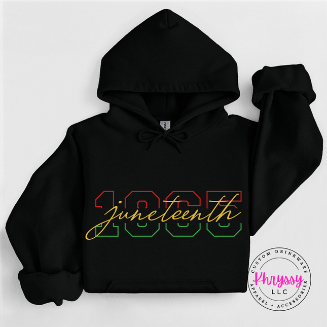 Black hoodie featuring a vivid red gold green Juneteenth 1865 varsity graphic.