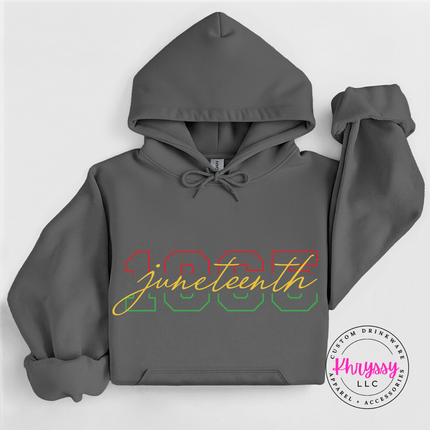 Charcoal hoodie showing a clean Juneteenth 1865 varsity script print.