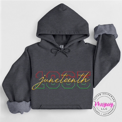 Dark heather hoodie with a gradient Juneteenth 1865 varsity design.