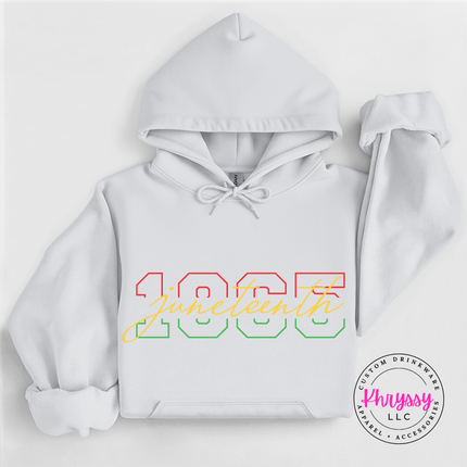 White hoodie with a bright Juneteenth 1865 varsity script graphic.