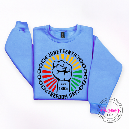 Carolina Blue crewneck sweatshirt featuring a black-line Juneteenth 1865 design.