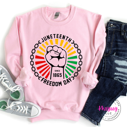 Light Pink crewneck sweatshirt with a black Juneteenth Freedom Day chain-break design.