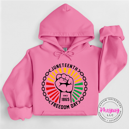 Azalea pullover hoodie featuring a black-line Juneteenth 1865 freedom design.