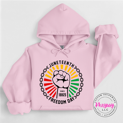Light Pink pullover hoodie with a black Juneteenth Freedom Day chain-break design.