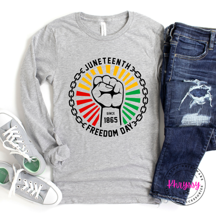 Athletic Heather long sleeve tee featuring a black-line Juneteenth 1865 design.