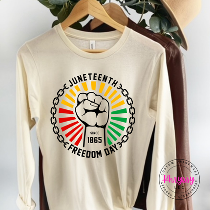 Natural long sleeve tee with a black Juneteenth Freedom Day chain-break design.