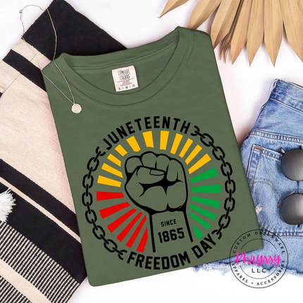 Hemp garment-dyed tee with a black Juneteenth raised-fist Freedom Day graphic.