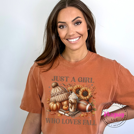 Yam colored tee with a warm cream and rust fall icon print.