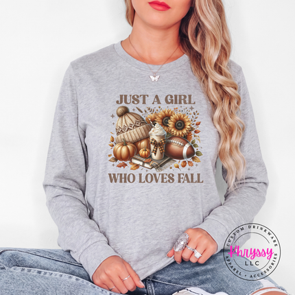 Athletic Heather long sleeve tee with the Just a girl who loves fall football graphic