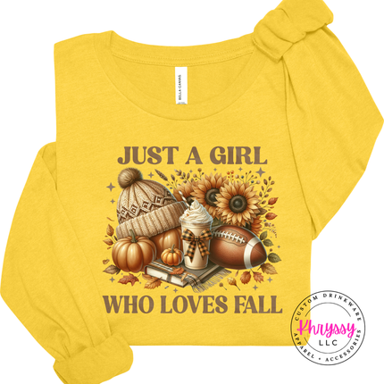 Heather Yellow Gold long sleeve tee with the girl who loves fall cozy collage print