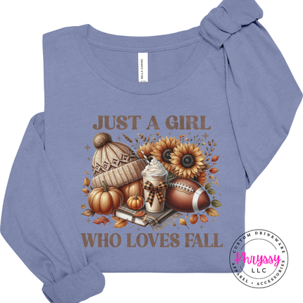 Lavender Blue long sleeve tee with the Just a girl who loves fall football graphic