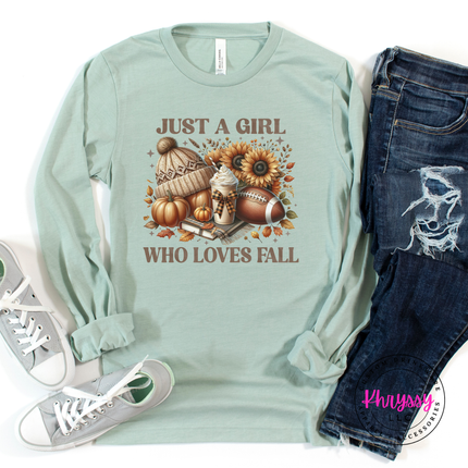 Mint colored tee with a warm cream and rust fall icon print.