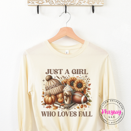 Sand Dune long sleeve tee with the Just a girl who loves fall football graphic