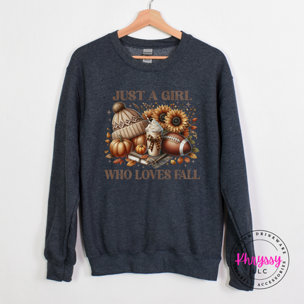 Dark heather crewneck sweatshirt featuring a football and pumpkin fall collage.