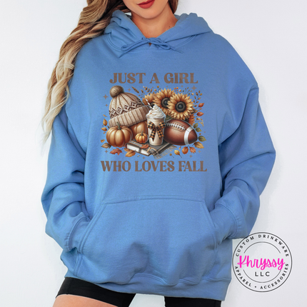Carolina Blue hoodie with the girl who loves fall cozy collage print