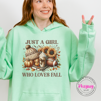 Light Blue hoodie with the Just a girl who loves fall football graphic