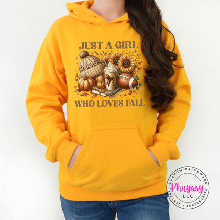 Gold colored pullover hoodie with a cozy fall icon illustration.