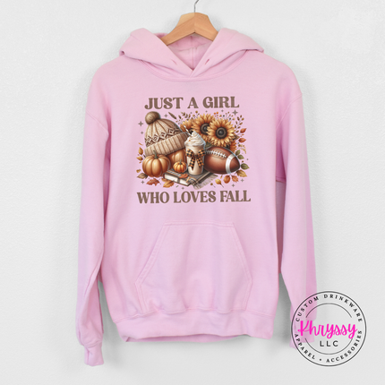 Light pink pullover hoodie with a fall icon collage.