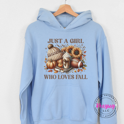 Light blue hoodie featuring a pumpkin, latte, and football design.