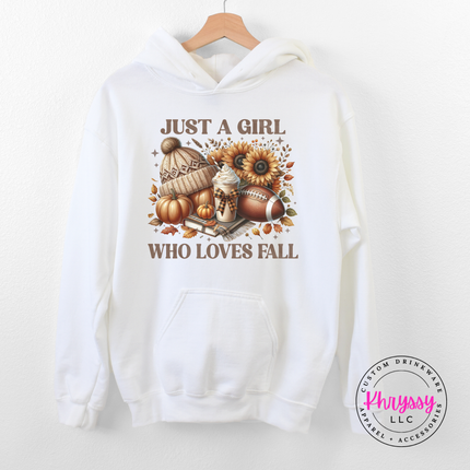 White hoodie with the Just a girl who loves fall football graphic