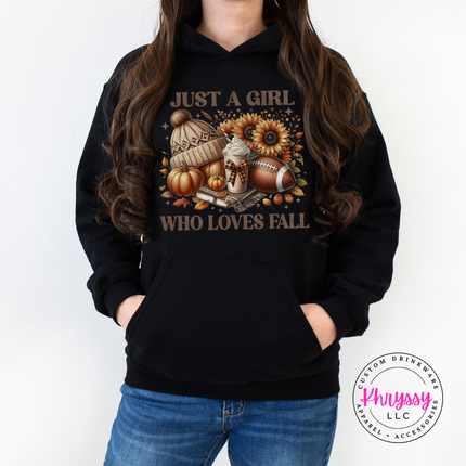 Black hoodie featuring a football and pumpkin fall collage design.