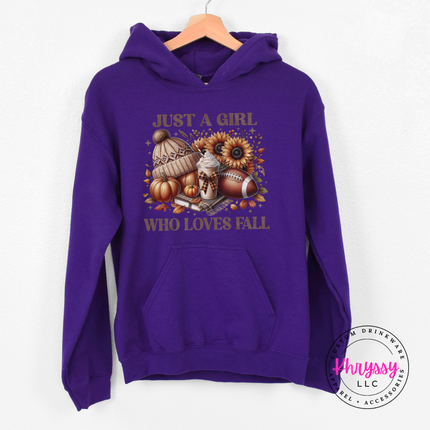 Purple pullover hoodie with a hand-illustrated fall icon print.