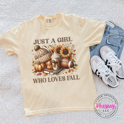 Blossom tee with the Just a girl who loves fall football graphic